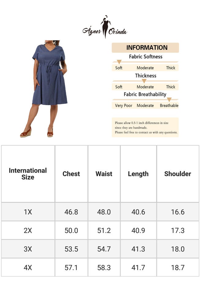 V Neck Short Sleeve A Line Chambray Denim Dress, Dark Blue / Chambray Denim Medium, alternate image number 1