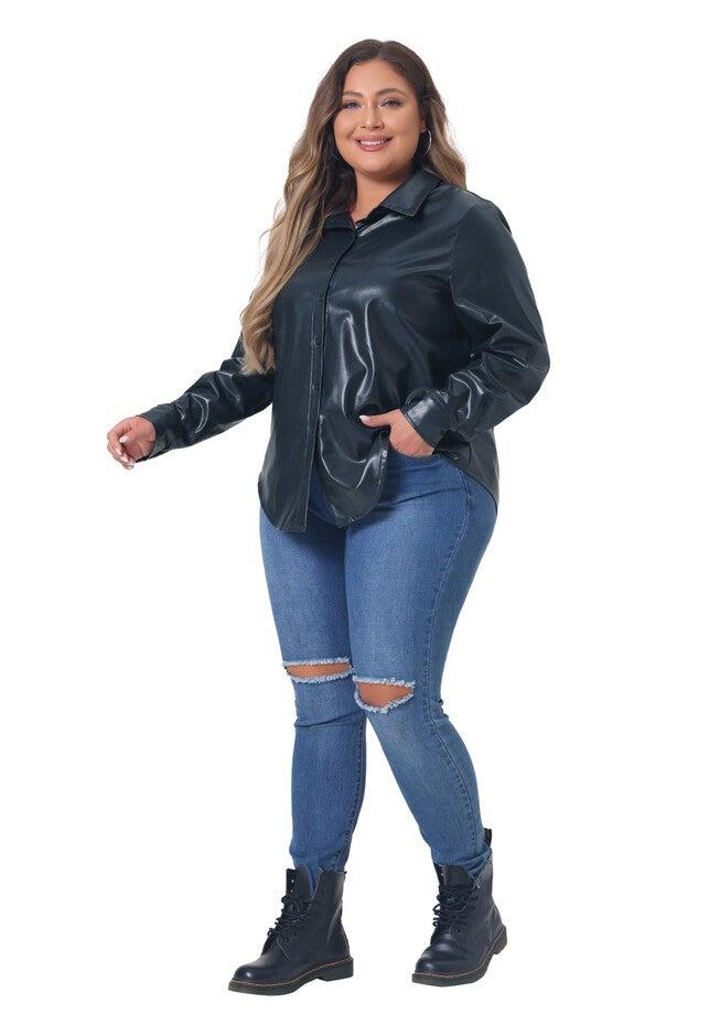 FAUX LEATHER JACKET SHACKET BUTTON DOWN SHIRT, Dark Blue / Navy, hi-res image number 0