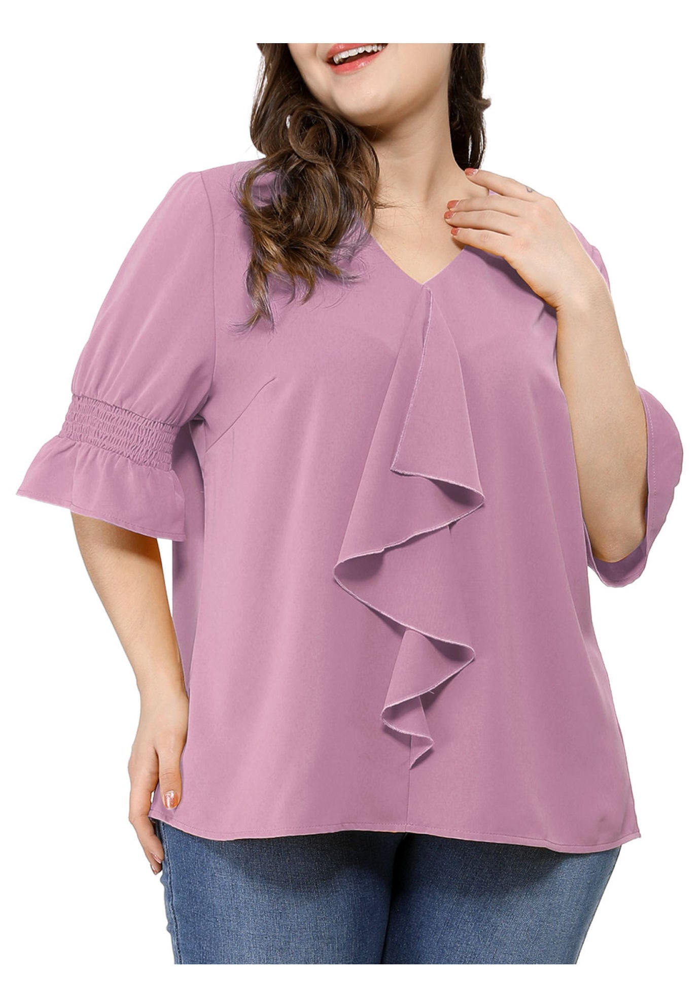 Ruffle Blouse V Neck Smocked Sleeves Top, Purple / Purple, alternate image number 2
