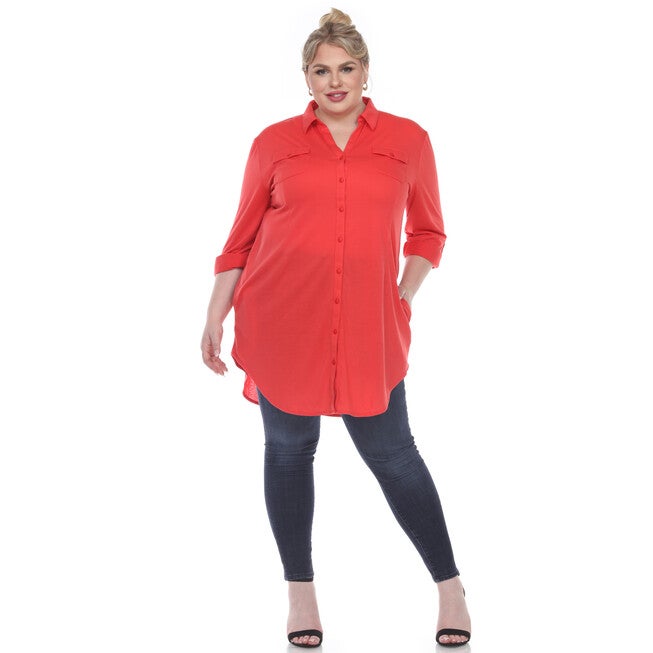 Stretchy Button Down Tunic Top, Red / Red, alternate image number 4