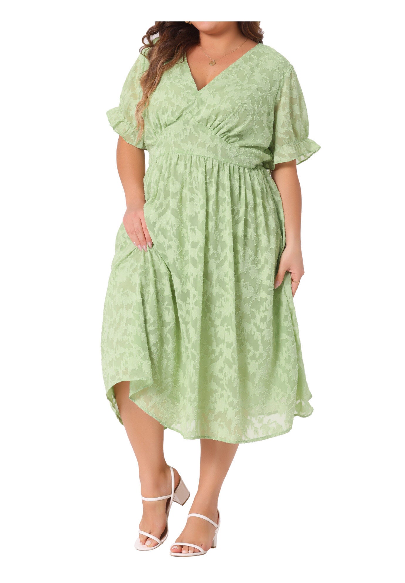 LACE FLORAL RUFFLE SHORT SLEEVE V NECK MIDI DRESS, Grass Green / Light Green, alternate image number 2