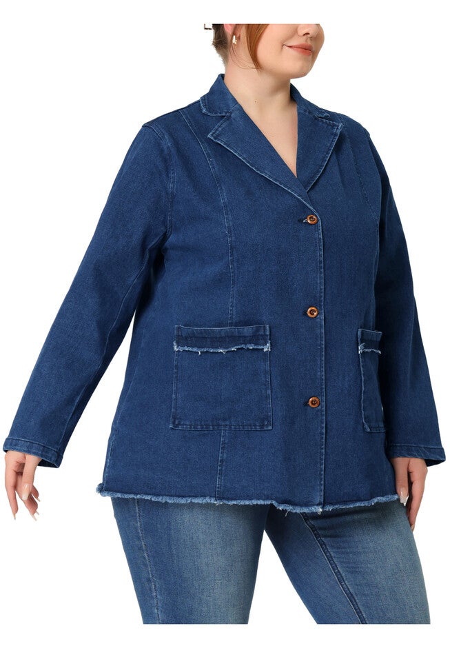 Notched Lapel Button Raw Hem Denim Blazer Jacket, Dark Blue / Chambray Denim Medium, alternate image number 1