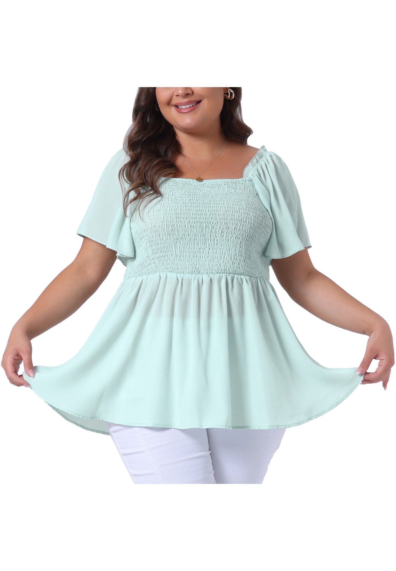 Square Neck Short Sleeve Ruffle Hem Loose Fit Blouse, Light Green / Light Green, alternate image number 2