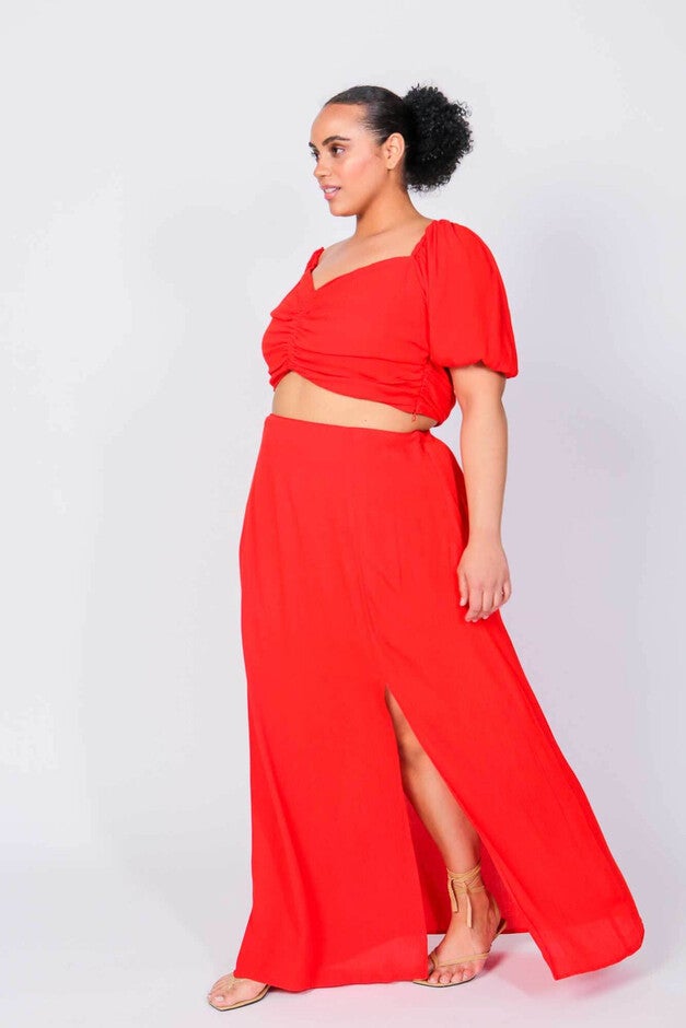 Rene Angela Crop Top and Skirt Two Piece Set, Fiery Red / Red, alternate image number 1