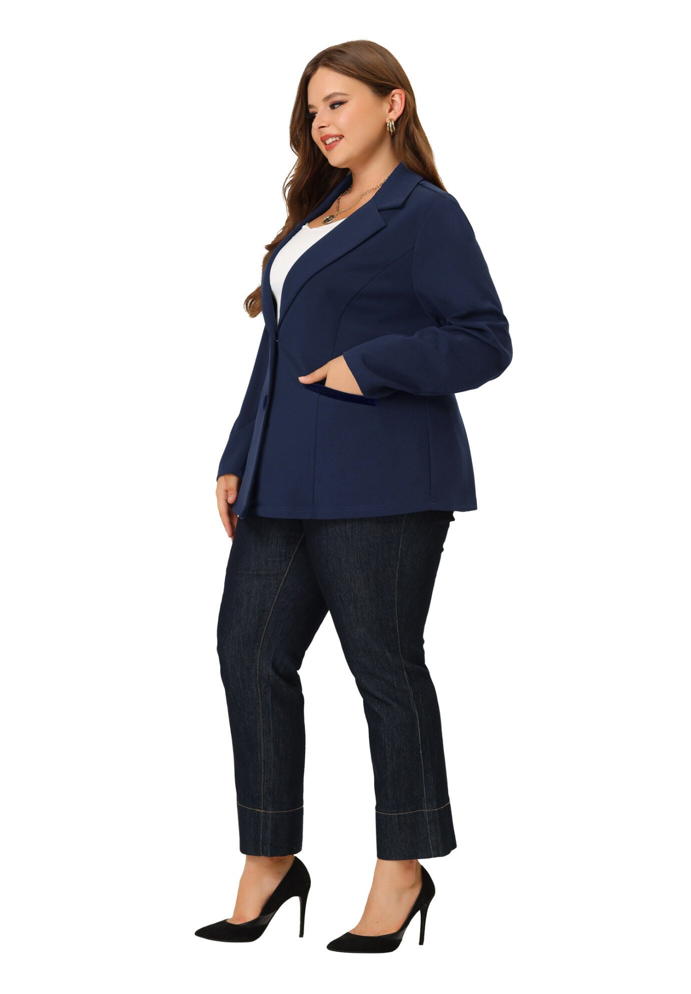 NOTCHED LAPEL V NECK WORK SUIT BLAZER, Navy Blue / Navy, hi-res image number 0