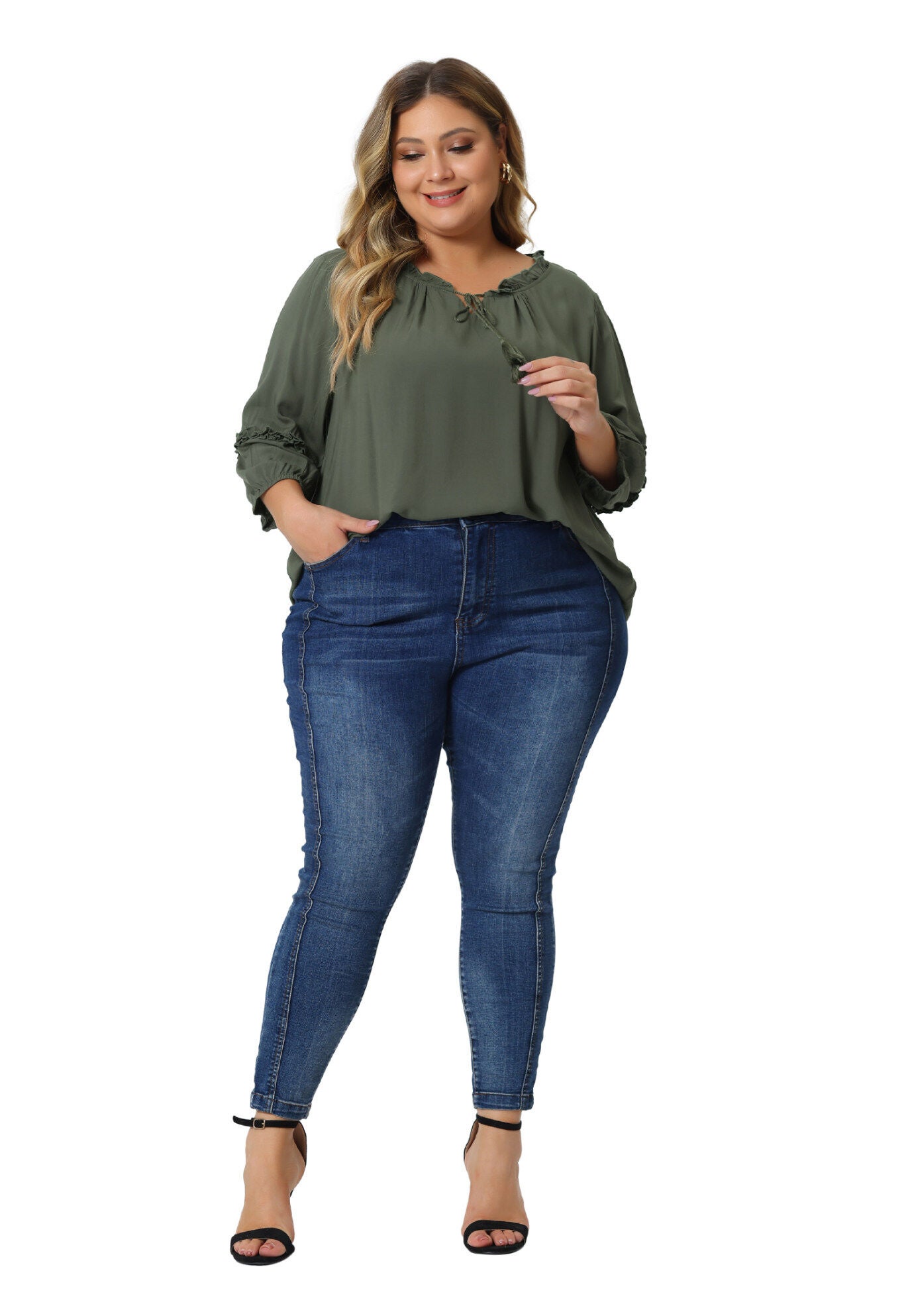 TIE NECK TASSEL SELF FLUTTER 3/4 SLEEVE BLOUSE TOP, Army Green / Olive Green, hi-res image number 0