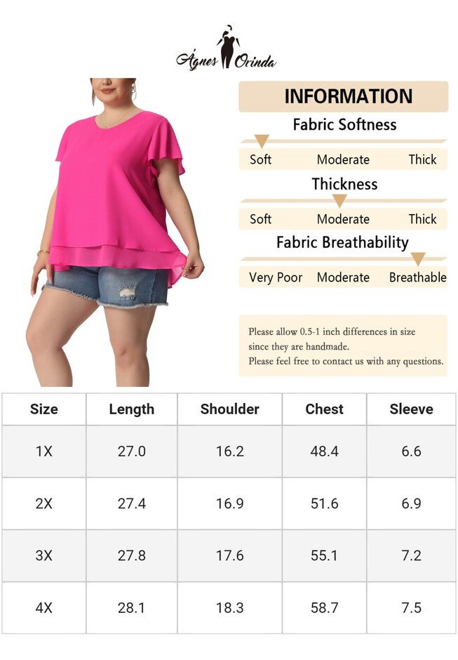 Summer Top Ruffle Short Sleeve V Neck Double Layered Hem Chiffon Blouse, Hot Pink / Deep Fuchsia, alternate image number 4
