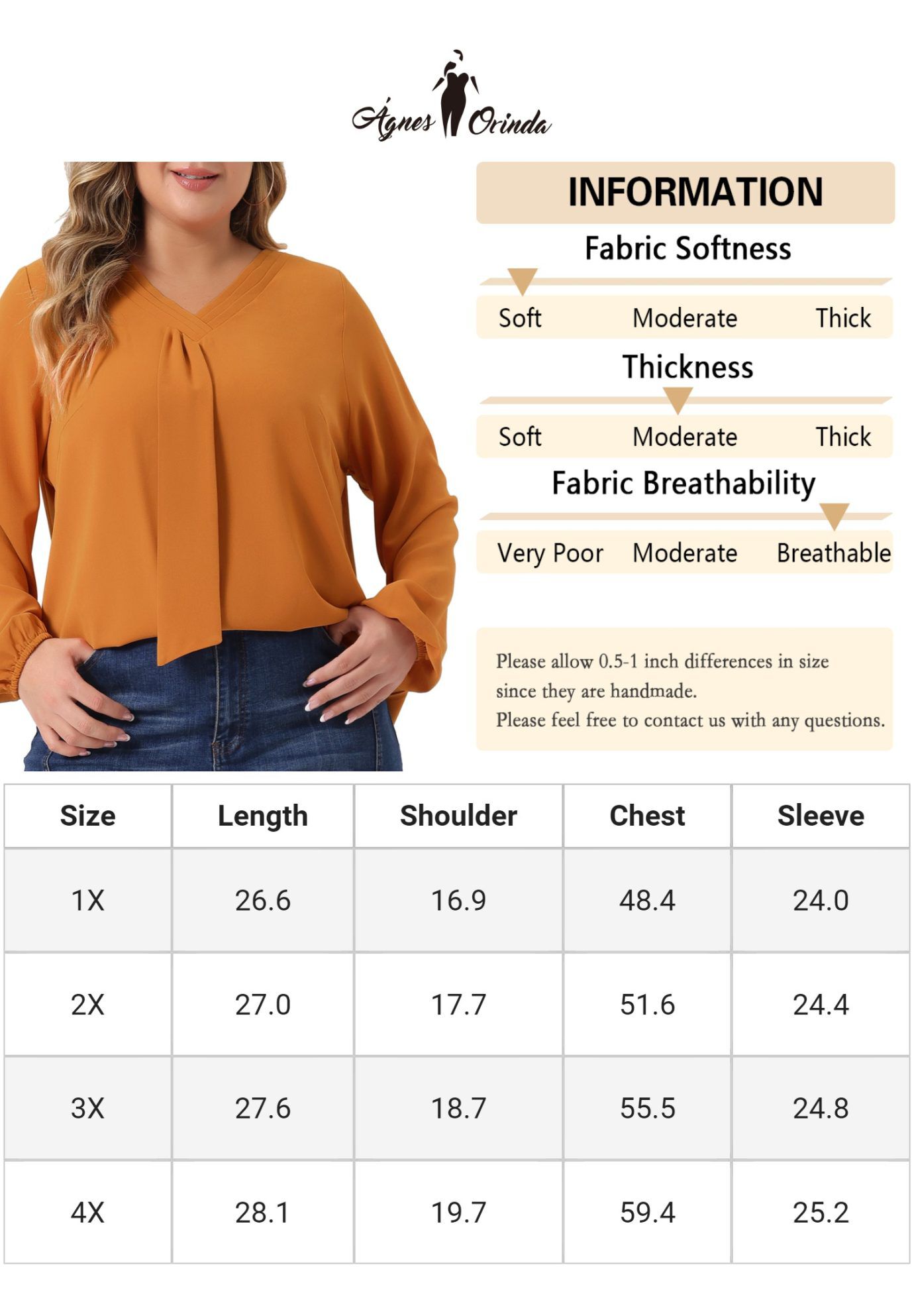 V Neck Long Sleeve Ruffle Tie Front Office Work Chiffon Blouse Top, Orange / Orange, alternate image number 4