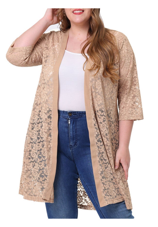 LACE CROCHET 3/4 SLEEVE COVER UP CARDIGAN, Khaki / Beige, hi-res image number 0