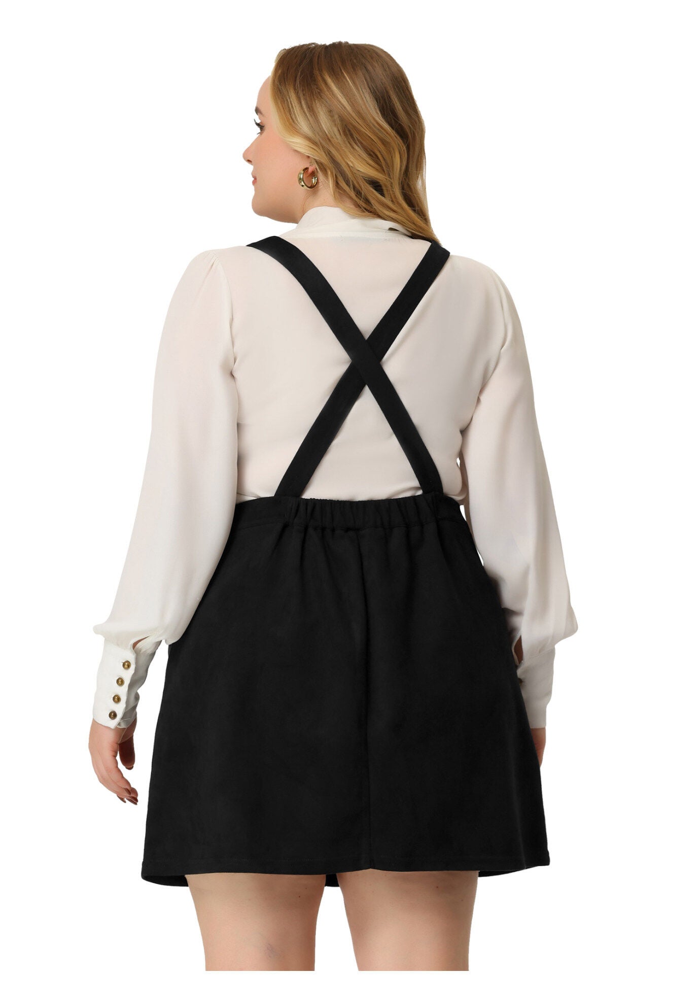 HIGH WAIST A-LINE SUEDE SUSPENDER SKIRT OVERALL DRESS, Black / Black, alternate image number 3
