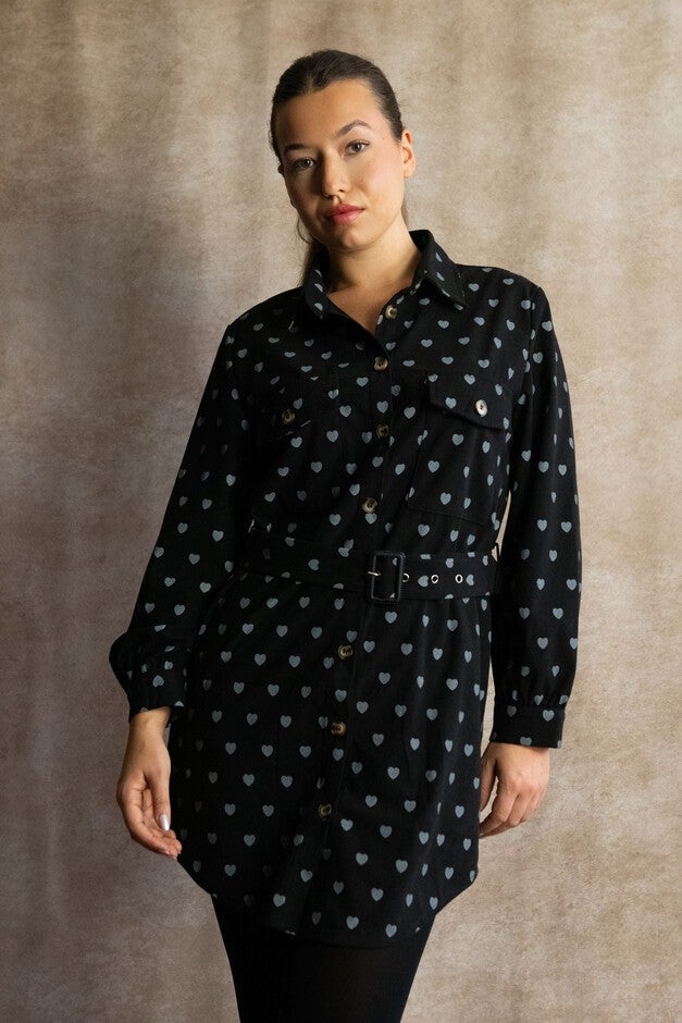 Annick - Stephanie Shirt Tunic- Mini Dress Corduroy Heart Print Belt, Black / Black, alternate image number 1