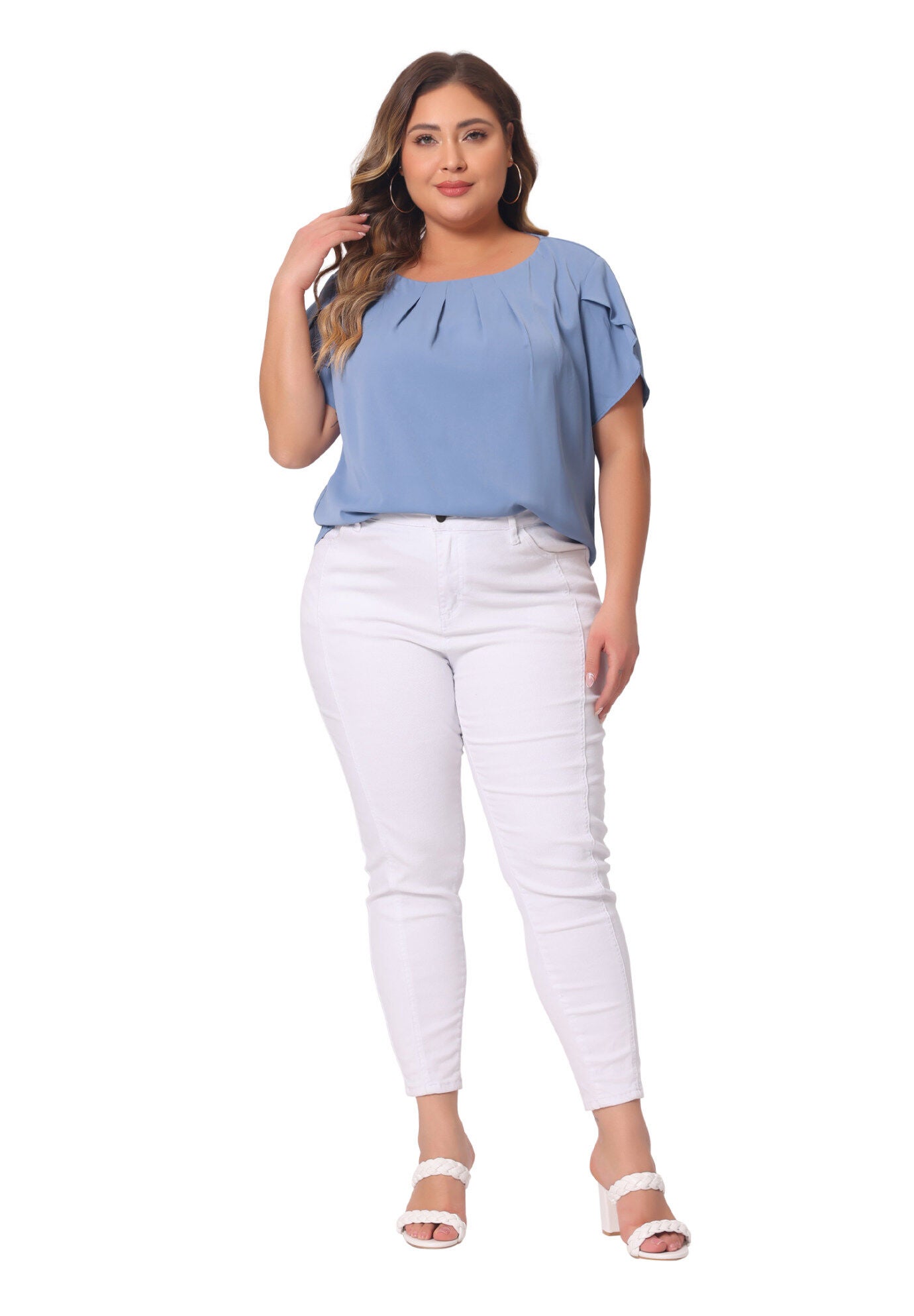 Round Neck Pleated Top Tulip Sleeves Blouse Top, Blue / Cornflower Blue, hi-res image number 0