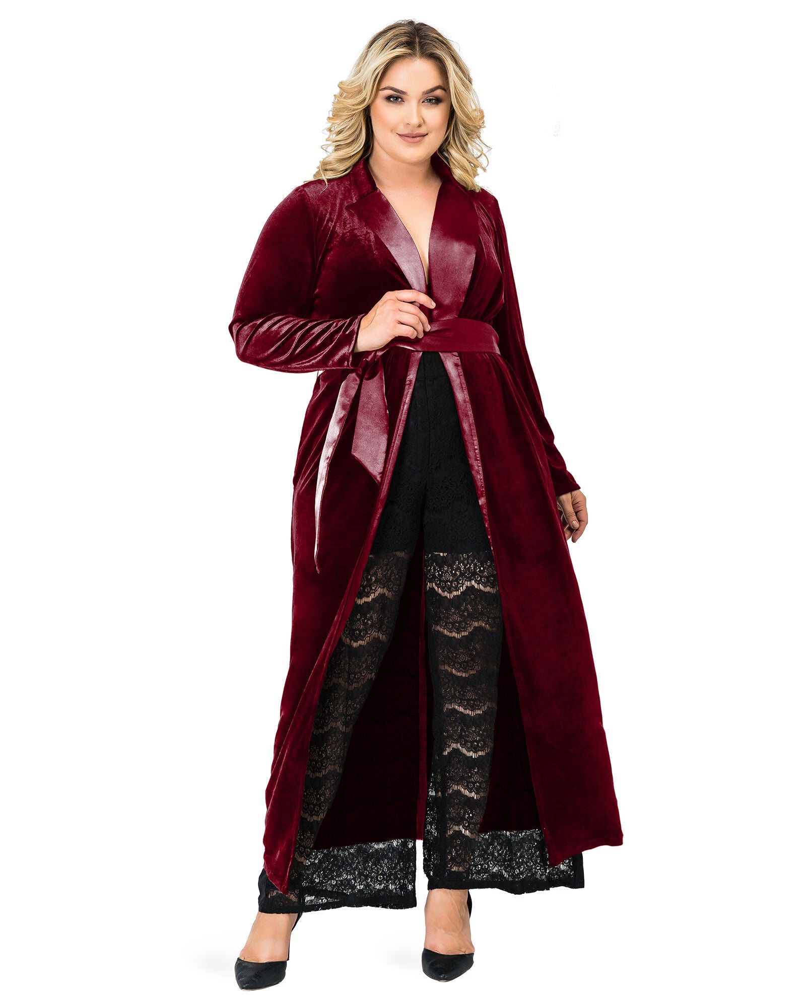 Plus Size Freya Stretch Velvet Wrap Midi Coat Dress With Satin Lapel And Satin Belt, DEEPRED / New Wine, alternate image number 2