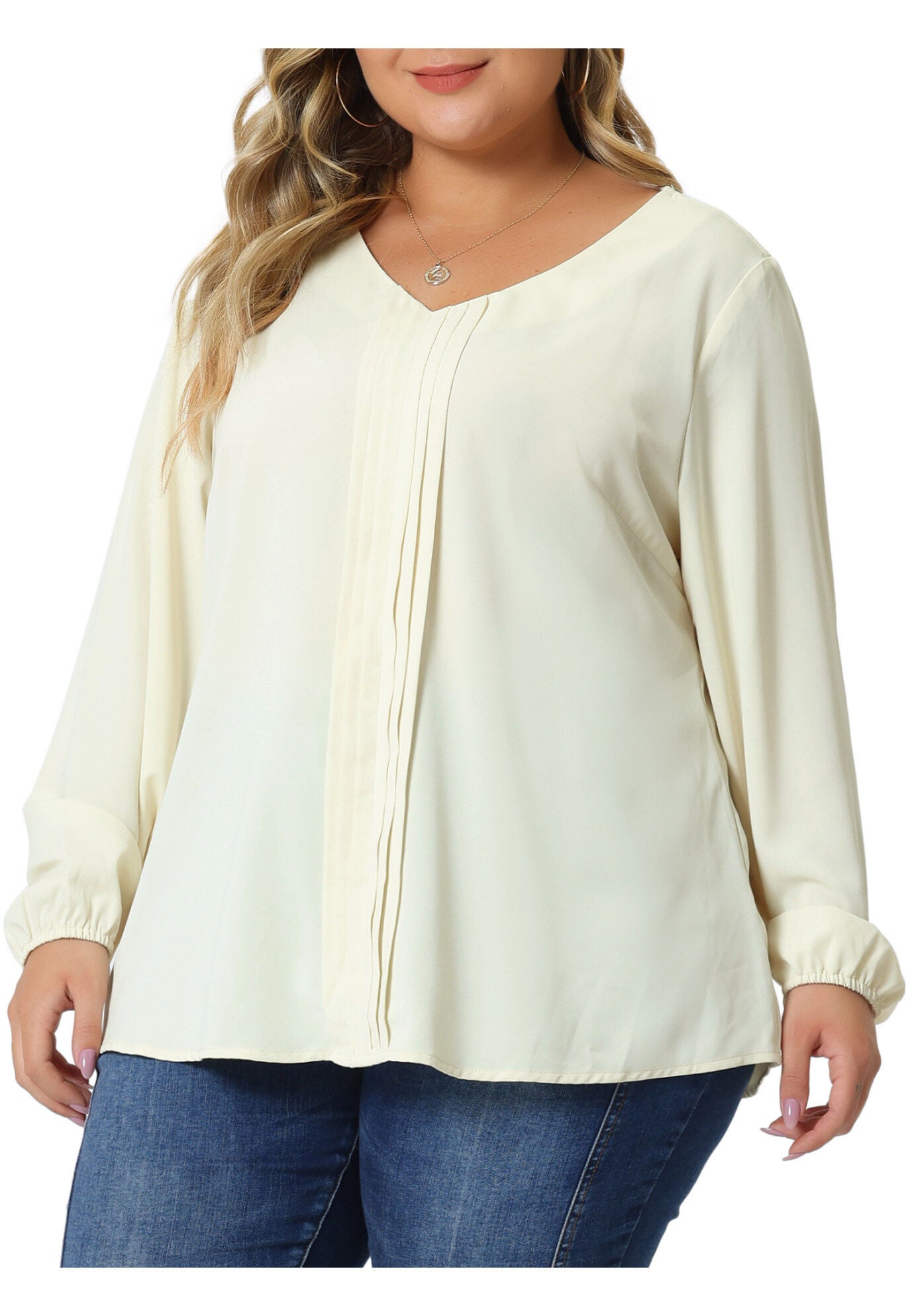 Long Sleeve Flowy Shirt Pleated V Neck Blouse, Apricot / Cream, alternate image number 1
