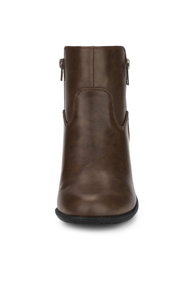 ROUND TOE CHUNKY HEEL ZIPPER ANKLE BOOTS, Brown / Brown, alternate image number 1