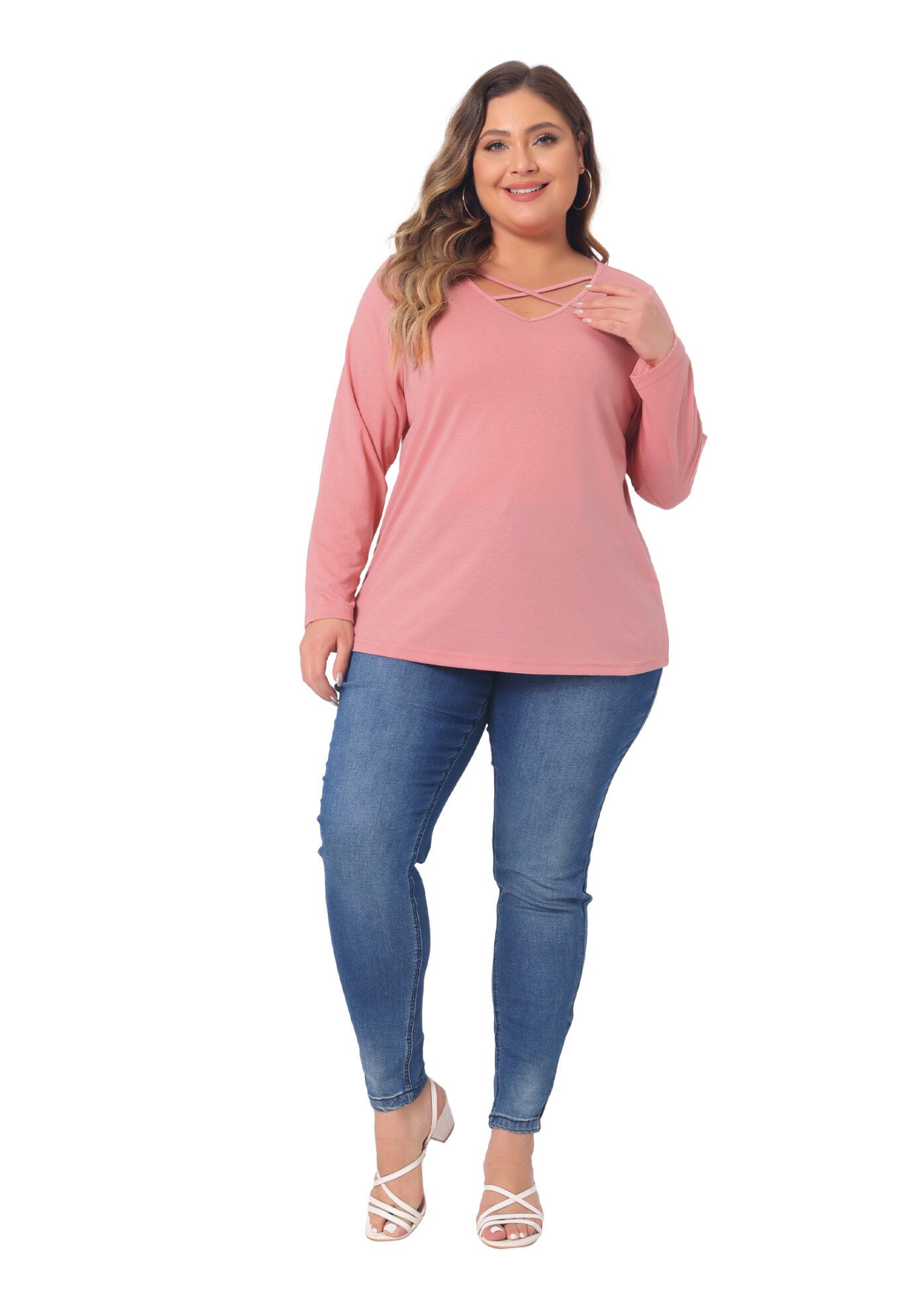 CROSS V NECK LONG SLEEVES T-SHIRT TOP, Pink / Pink, hi-res image number 0