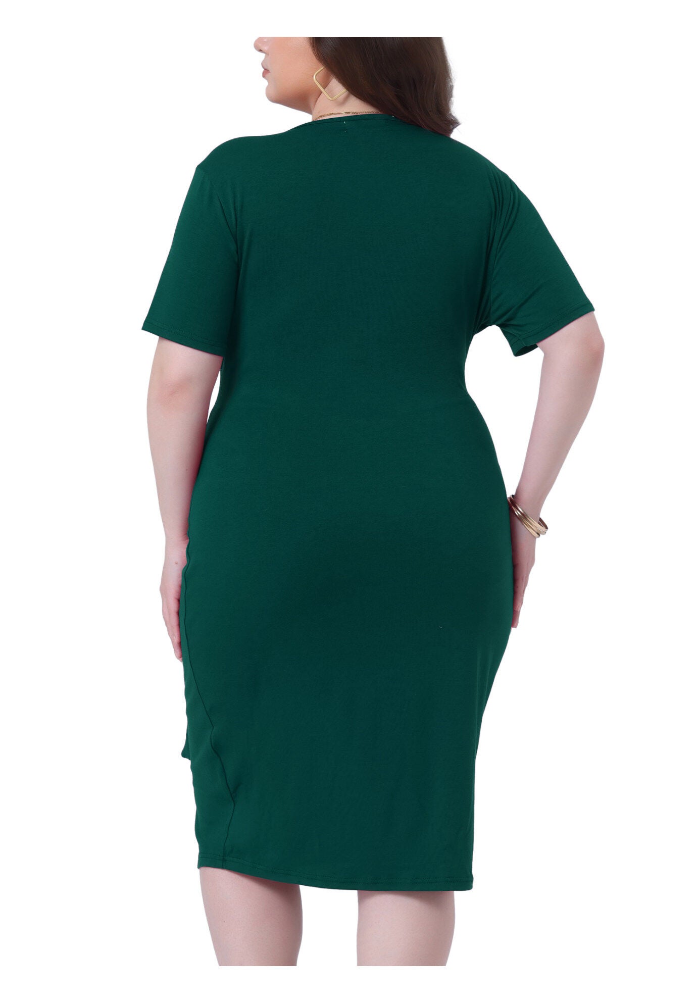 V Neck Ruched Wrap Belted Bodycon Midi Dress, Dark Green / Forest Green, alternate image number 3