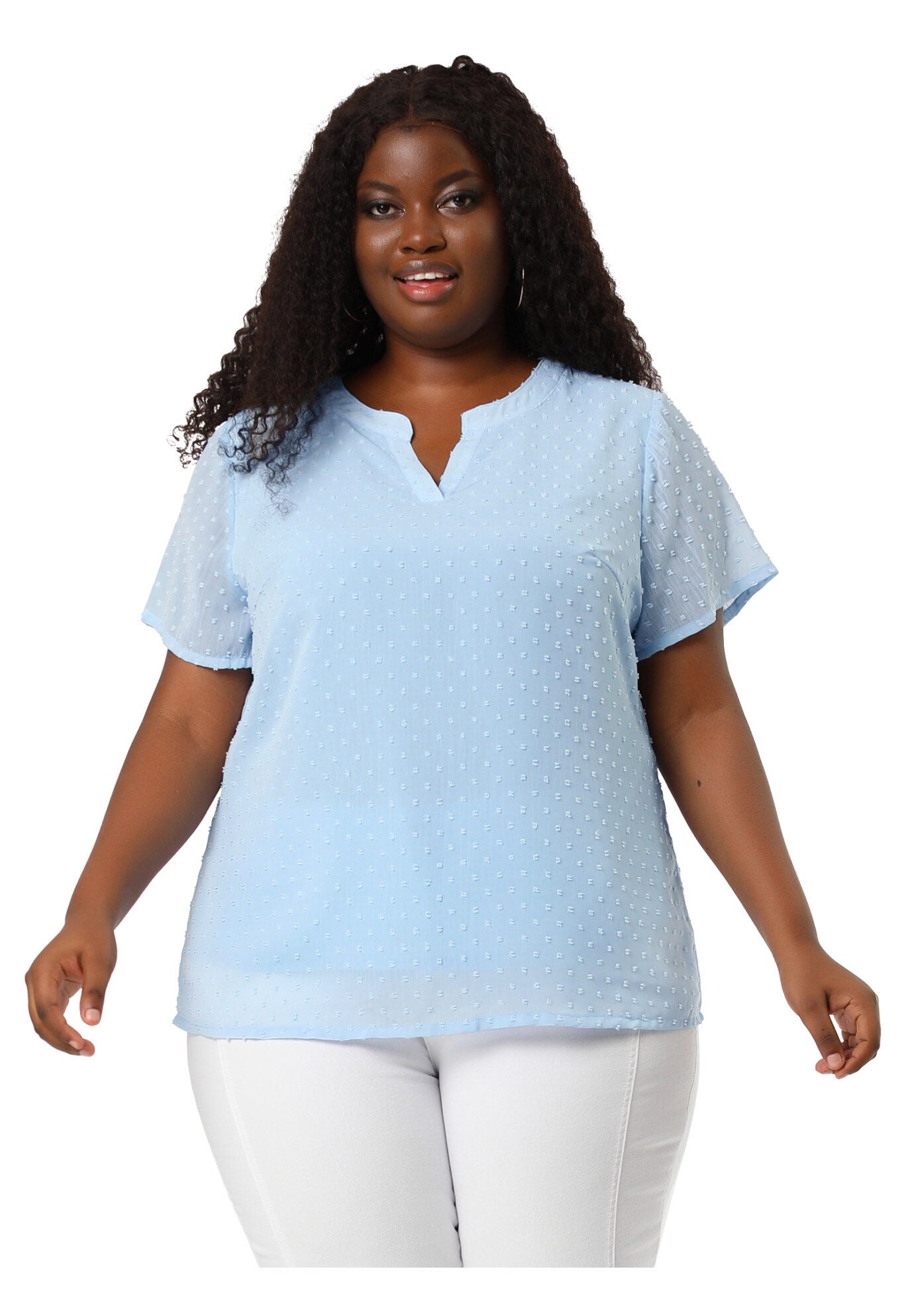 Swiss Dots Notched Neck Short Sleeve Basic Blouse, Blue / Dusty Blue, alternate image number 3