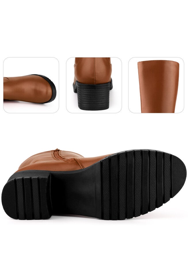 Riding Combat Boot Round Toe Chunky Heels Mid Calf Boots, Brown / Brown, alternate image number 4