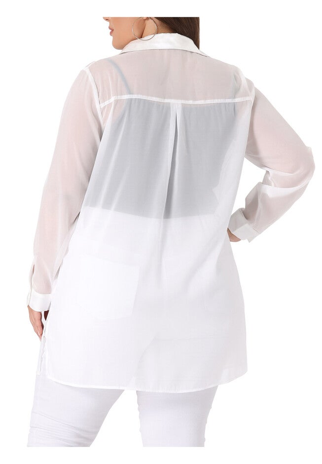 LONG SLEEVE BUTTON DOWN SOLID SHEER SHIRT TOP, White / White, alternate image number null