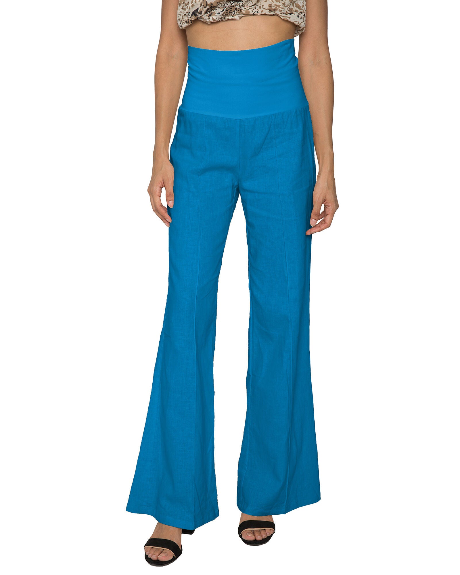 S & P Women&#39;s Linen-Cotton Wide Leg Yoga Pants With Fold-over Elastic Waist, Blue / Azure Blue, hi-res image number 0