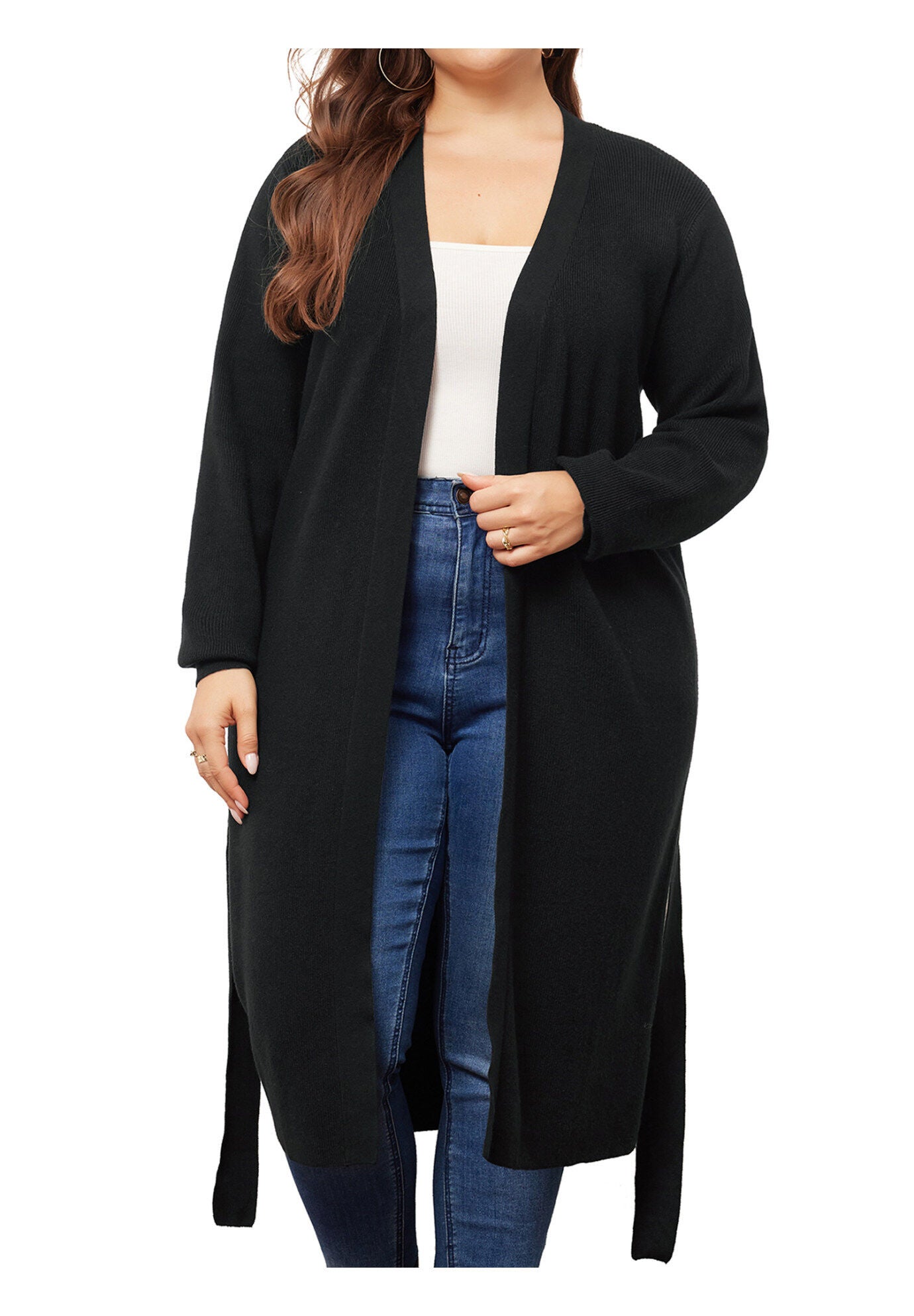 KNIT SWEATER BELTED OVERWEAR LONG CARDIGAN, Black / Black, alternate image number 3