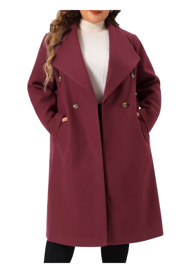 Notch Big Lapel Double Breasted Mid-Long Peacoat, Burgundy / Red, alternate image number null