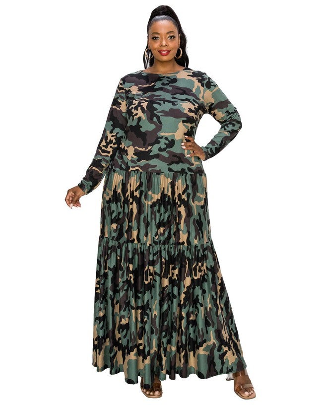 SILVESTRA CAMO TIERED MAXI DRESS, Olive Taupe / Forest Green, hi-res image number 0