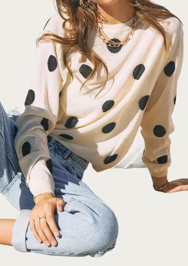 POLKA-DOT INTARSIA KNIT TOP IN OFF WHITE/BLACK, , alternate image number null