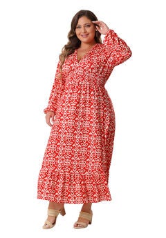 Boho Dresses Floral Print Deep V Neck Waist Wrap Long Sleeve Loose Maxi Dress