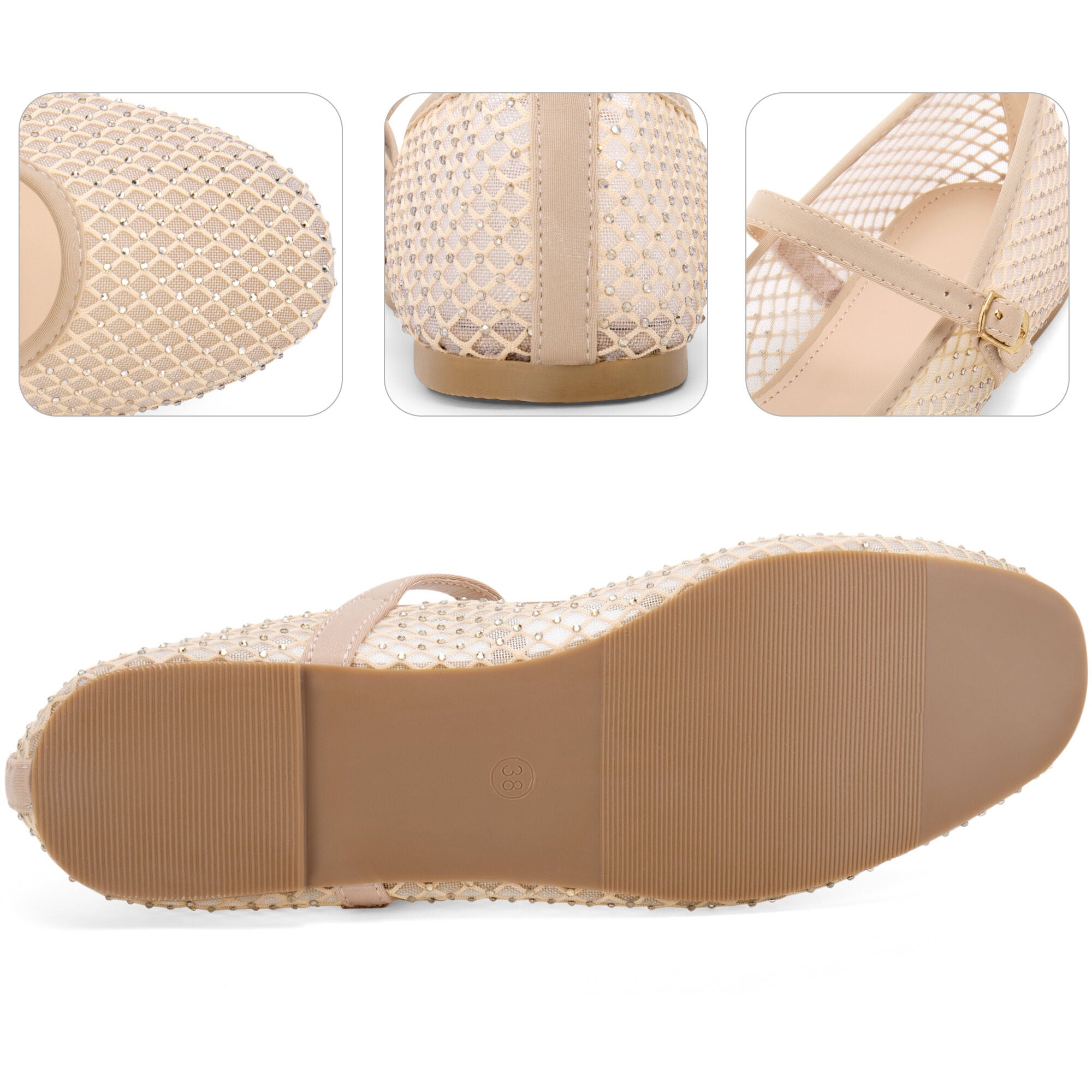 Rhinestone Mesh Flats Buckle Strap slip on Ballet Flat, Champagne / Beige, alternate image number 2