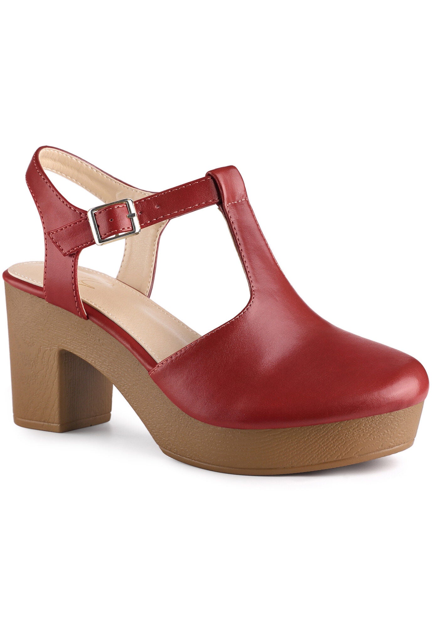 Platform T-Strap Shoes Chunky Heels Sandals, Red / Red, hi-res image number 0