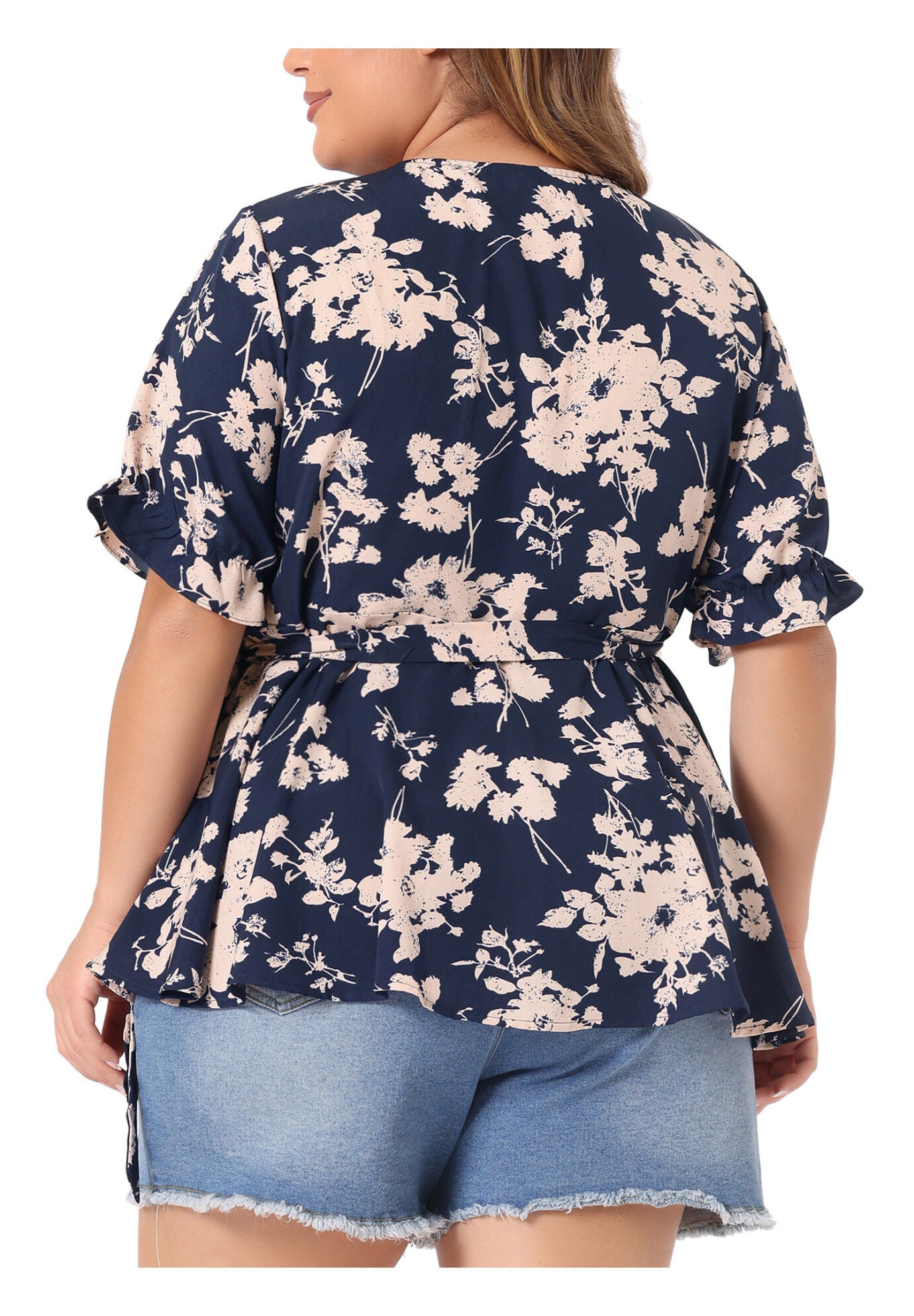 Floral Ruffle Sleeve Faux Wrap Peplum Blouse, Navy Blue / Navy, alternate image number 3
