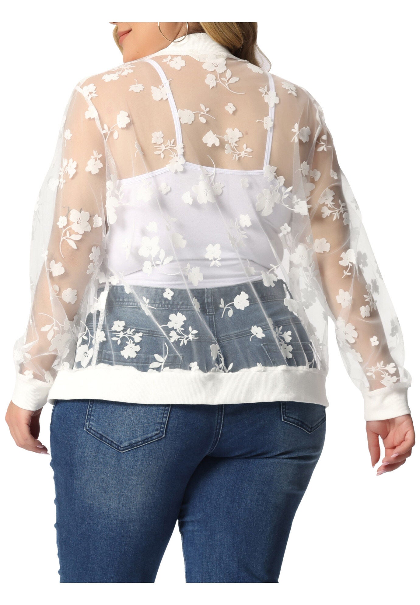 Sheer Floral Lace Bomber Jacket, White / White, alternate image number 2