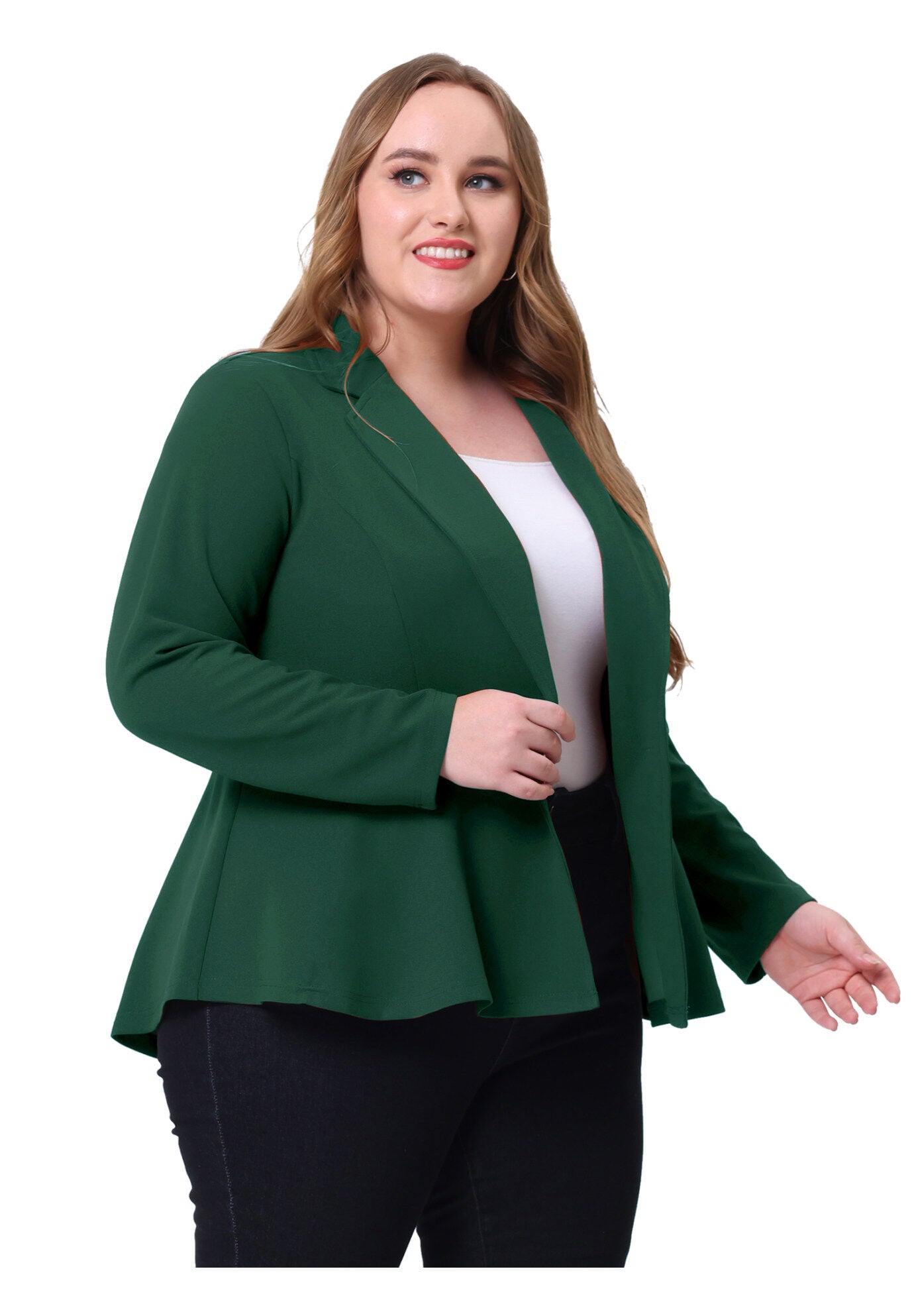 RUFFLE V NECK BUTTON NOTCH PANEL PEPLUM BLAZER, Dark Green / Forest Green, alternate image number 3