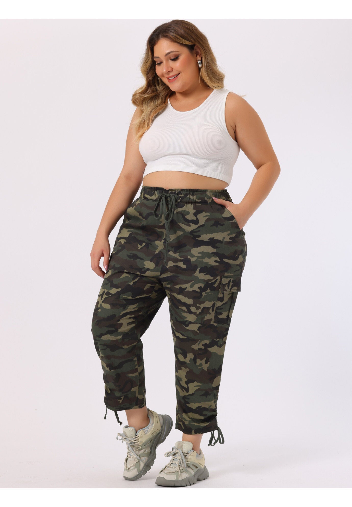 DRAWSTRING ELASTIC WAIST CARGO PANTS, Camouflage / Forest Green, hi-res image number 0