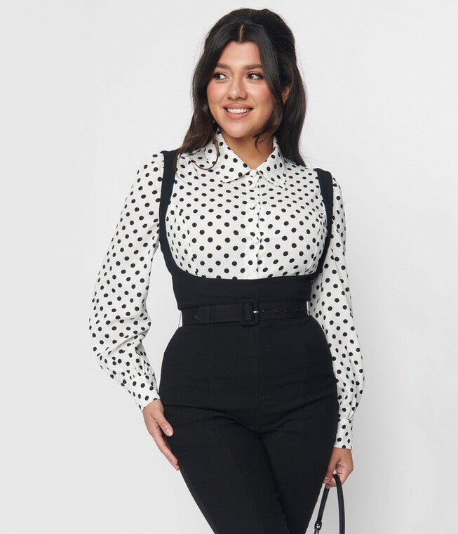 Unique Vintage White & Black Polka Sashed Bodysuit, White Black Polka Dot / White, hi-res image number null