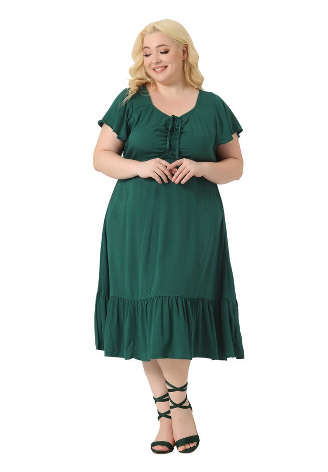 Short Sleeve Sweetheart Neck Ruffle Tiered Maxi Long Dress, Dark Green / Orange, hi-res image number 0