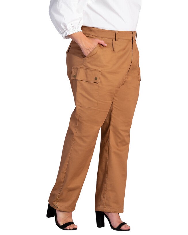 Feza Womens Plus Size Poplin Cargo Pants with Bungee Cord Hem, KHAKI / Beige, alternate image number 1