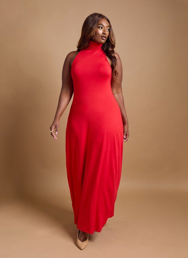 KIMMY TURTLENECK BODYCON MAXI DRESS - RED, Red / Red, alternate image number 1
