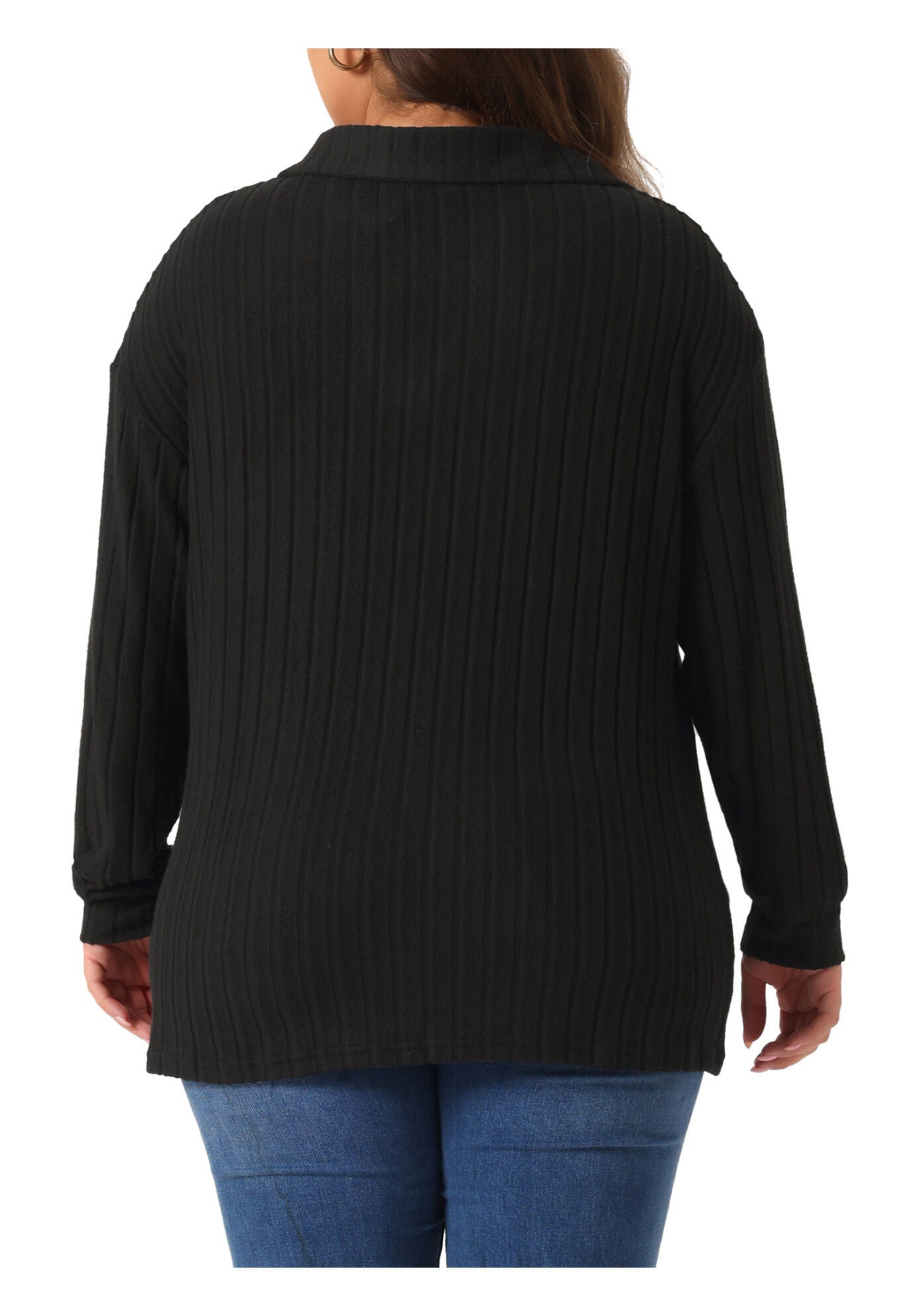 Loose Polo V Neck Long Sleeve Ribbed Knit Top, Black / Black, alternate image number 3