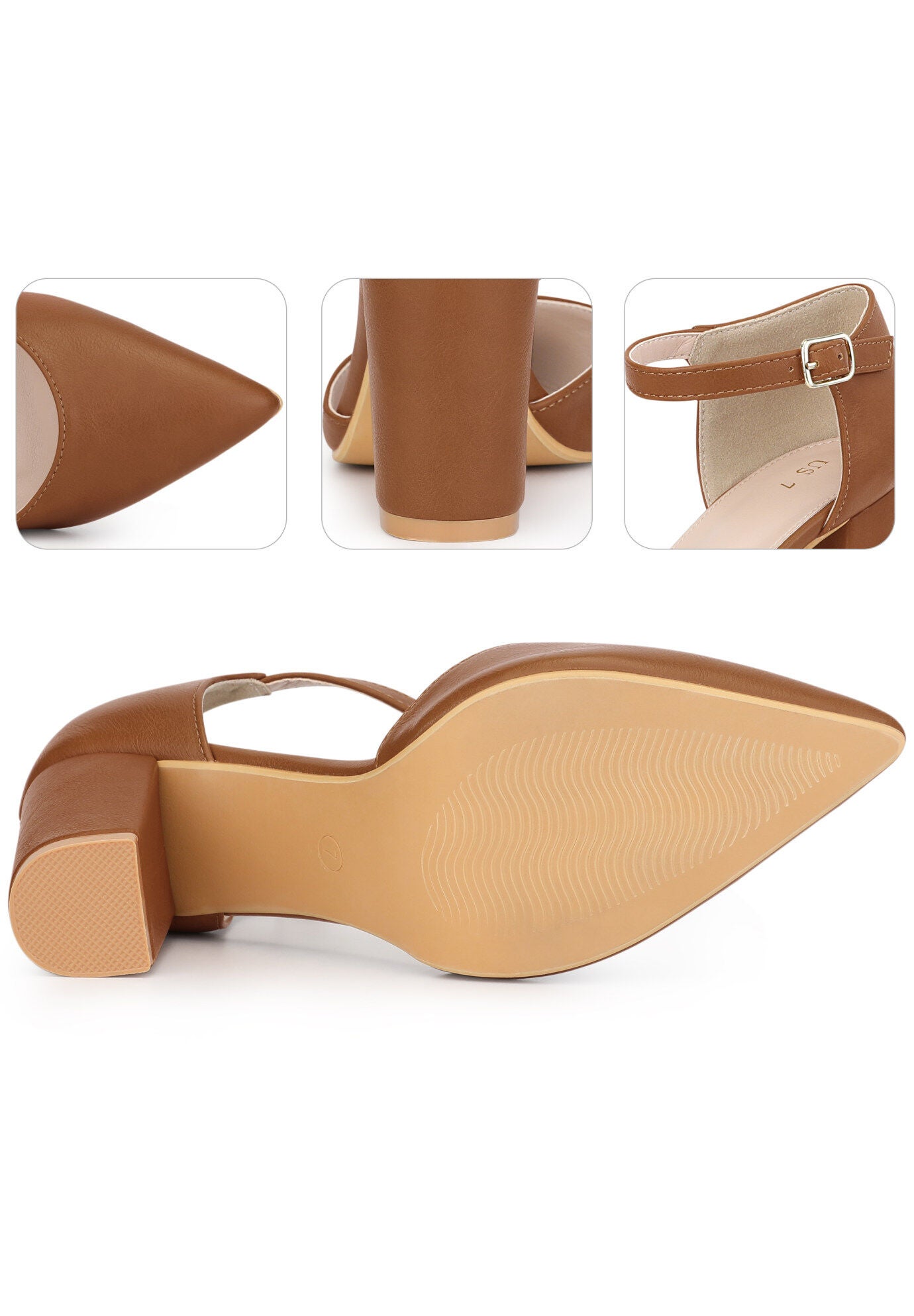 Pointed Toe Ankle Strap Pumps Chunky Heel, Brown / Brown, alternate image number 1