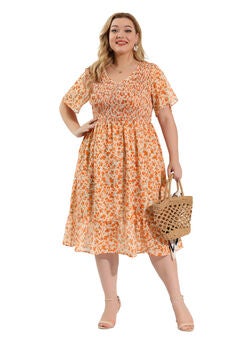 Flare Smock Ruffle Chiffon Floral Midi Dress