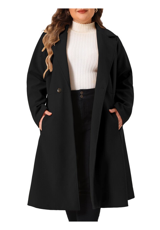 Notch Lapel A Line Double Breasted Trench Dress Pea Coat, Black / Black, alternate image number 2