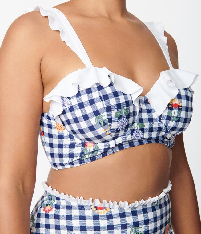 Unique Vintage Navy Gingham & Floral Southampton Swim Top, , alternate image number 7