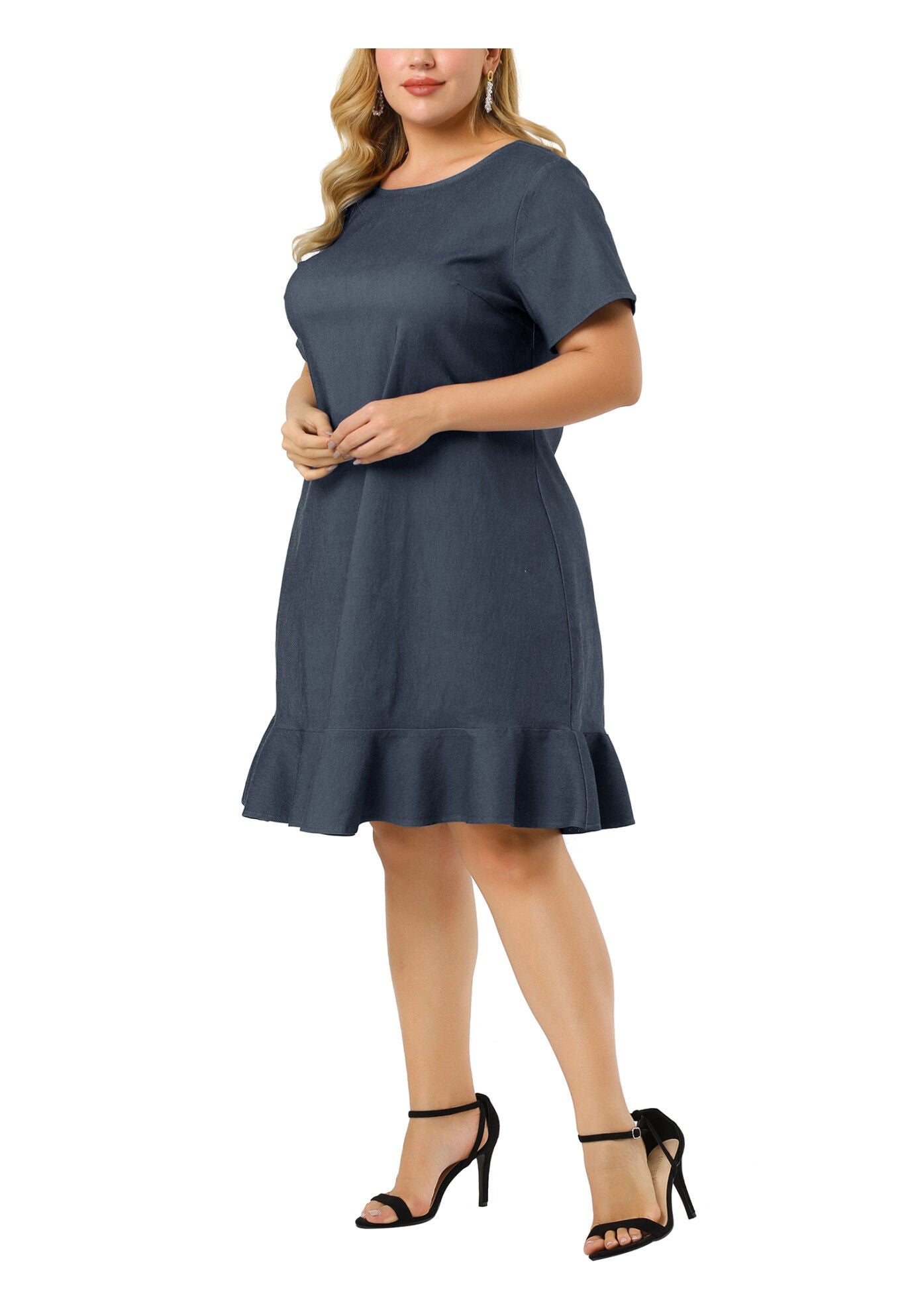 Ruffle Hem Casual Short Sleeve Chambray Dress, Dark Blue / Navy, alternate image number 1