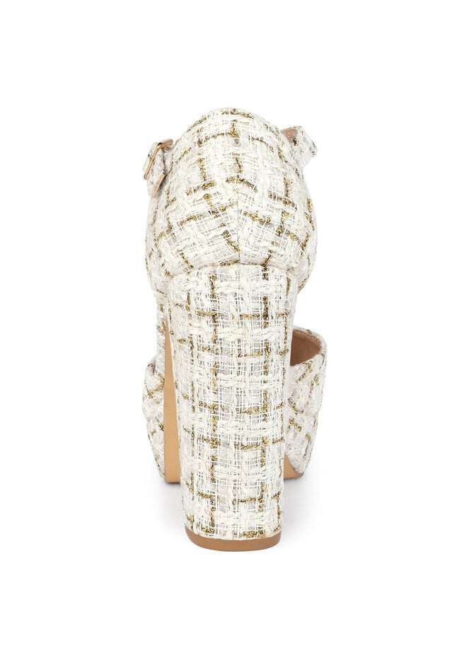 Round Toe Platform Tweed Chunky Heels Pumps, White Gold / Gold, alternate image number 1