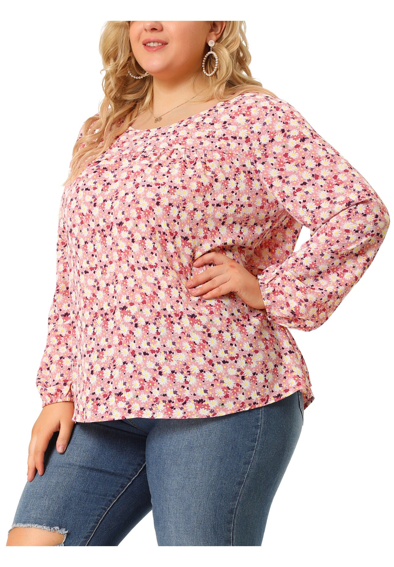 Long Sleeve Floral Print Casual Shirt Blouse Top, Pink / Pink, alternate image number 1
