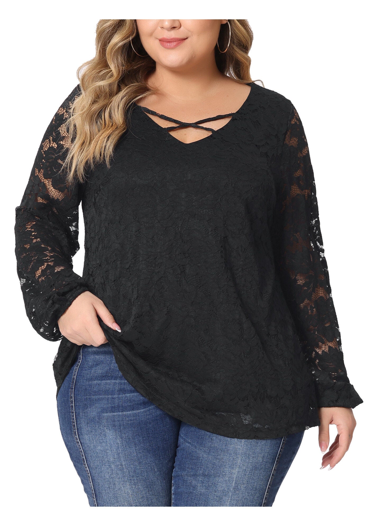 LACE BLOUSE CROSS V NECK SHEER DOUBLE LAYER LONG SLEEVE TOP, Black / Black, alternate image number 2