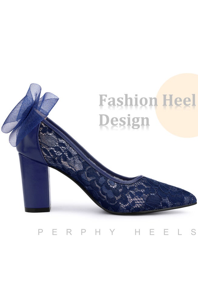 Pointed Toe Bow Bridal Block Heel Lace Pumps, Dark Blue / Azure Blue, alternate image number 2